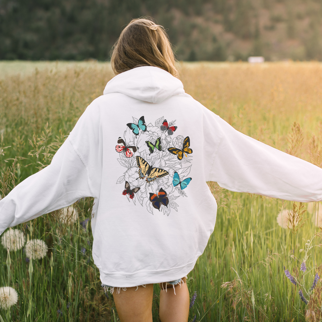 White hoodie with butterfly best sale